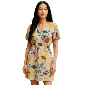 Megan Park Washable 100%‎ Silk Floral Tie Waist V Neck Mini Dress - 1 / ~ US 6